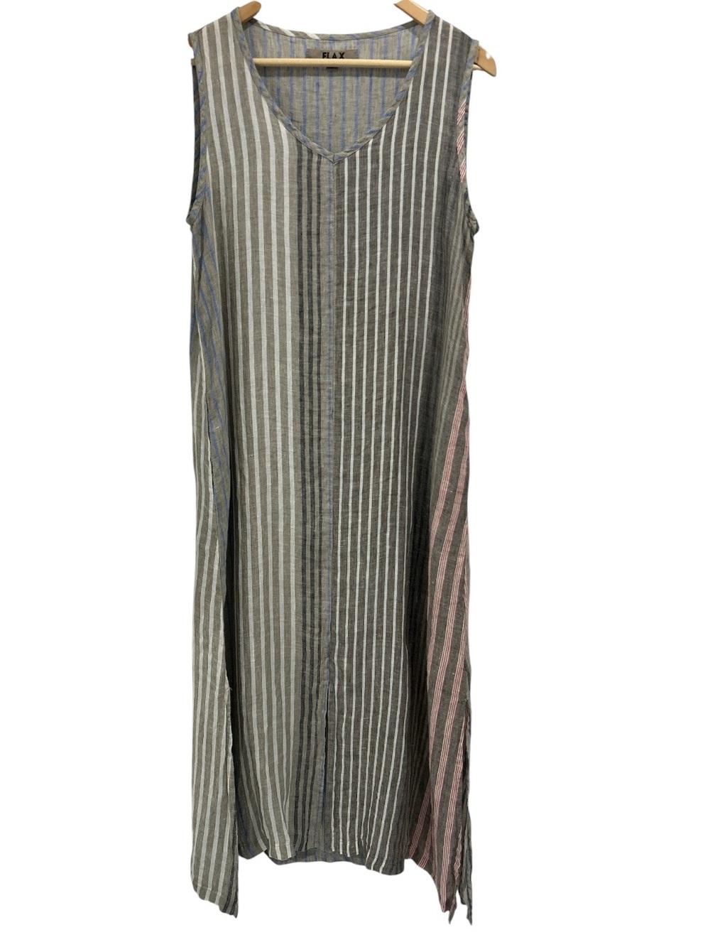 NWOT FLAX Sleeveless Linen V Neck Midi/Maxi Dress in Limitless Stripe - Small